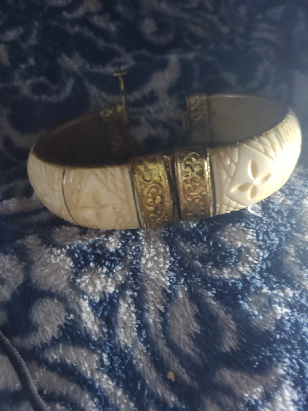 Vintage Carved Bangle Bracelet with Gold Tone Accents