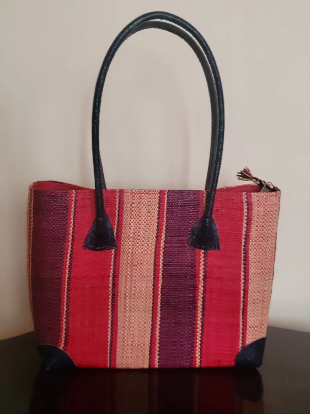 Woven Tote Bag with Leather Handles