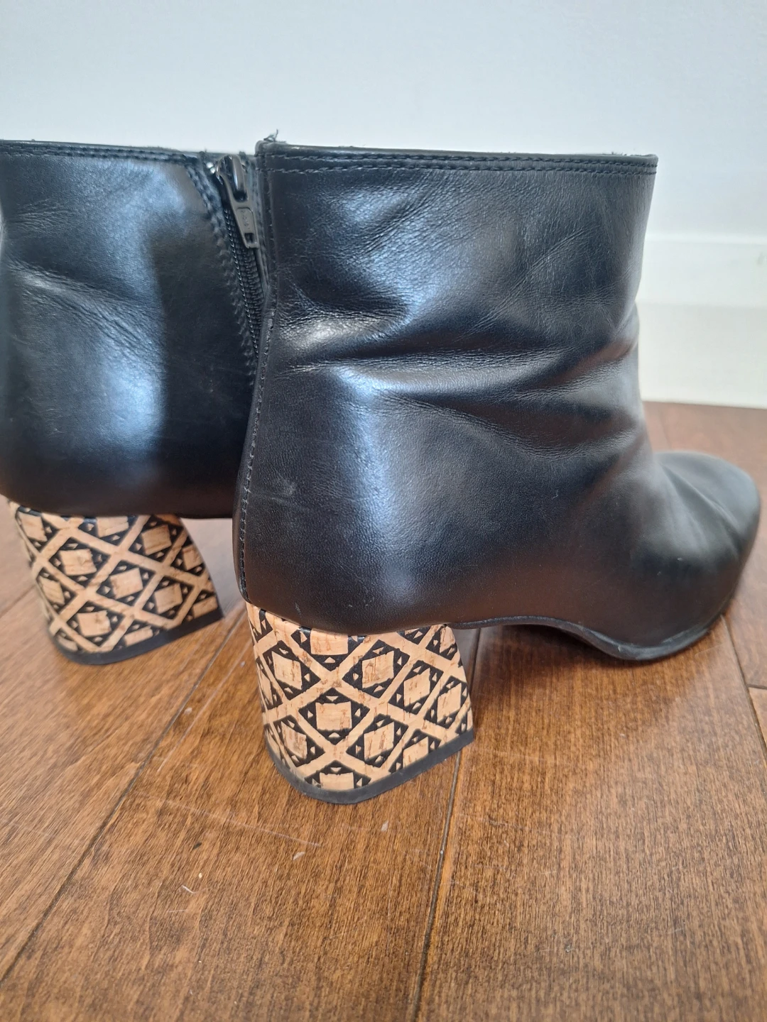 Black Leather Ankle Boots with Patterned Block Heels - photo 3