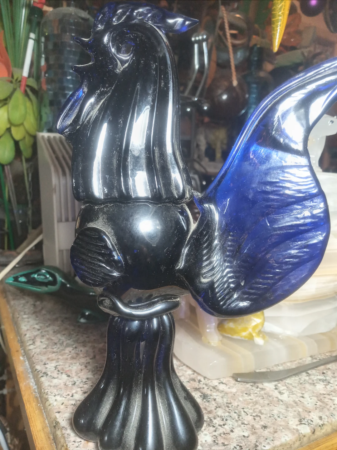 Blue and Black Glass Rooster Figurine