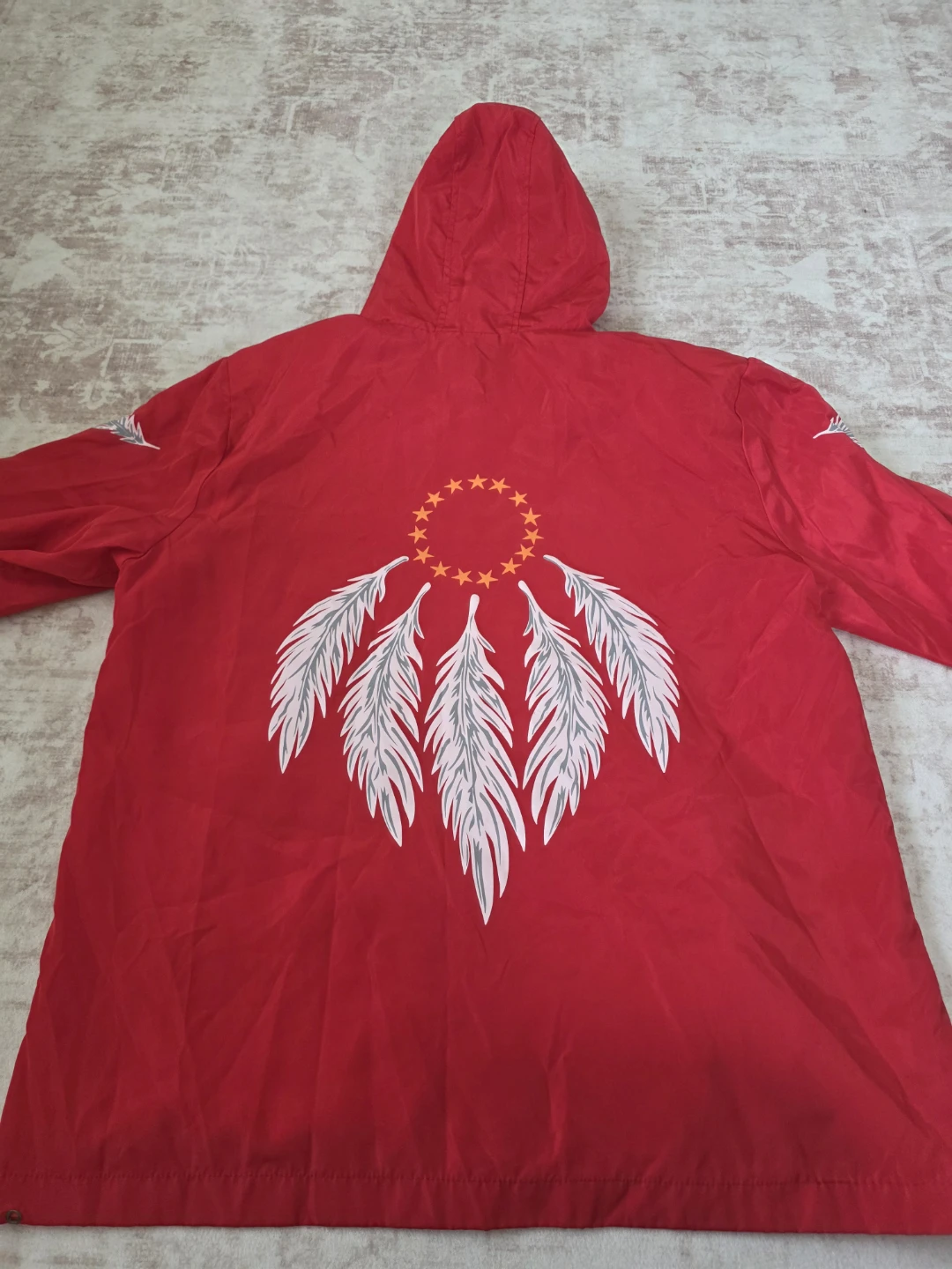 Red Feather Print Hooded Windbreaker Jacket - photo 3