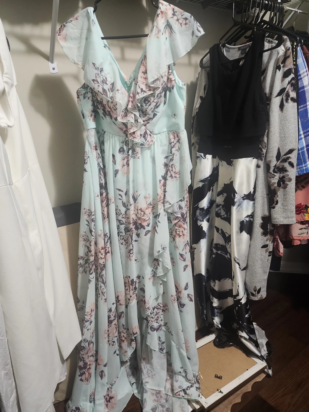 Light Blue Floral Maxi Dress with Ruffles