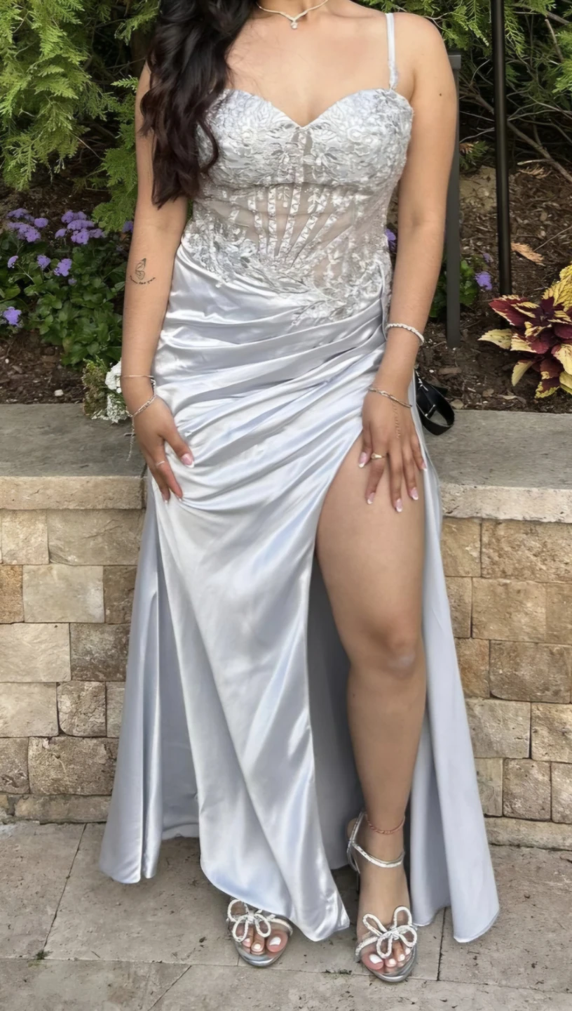 Silver Prom Dress with High Slit
