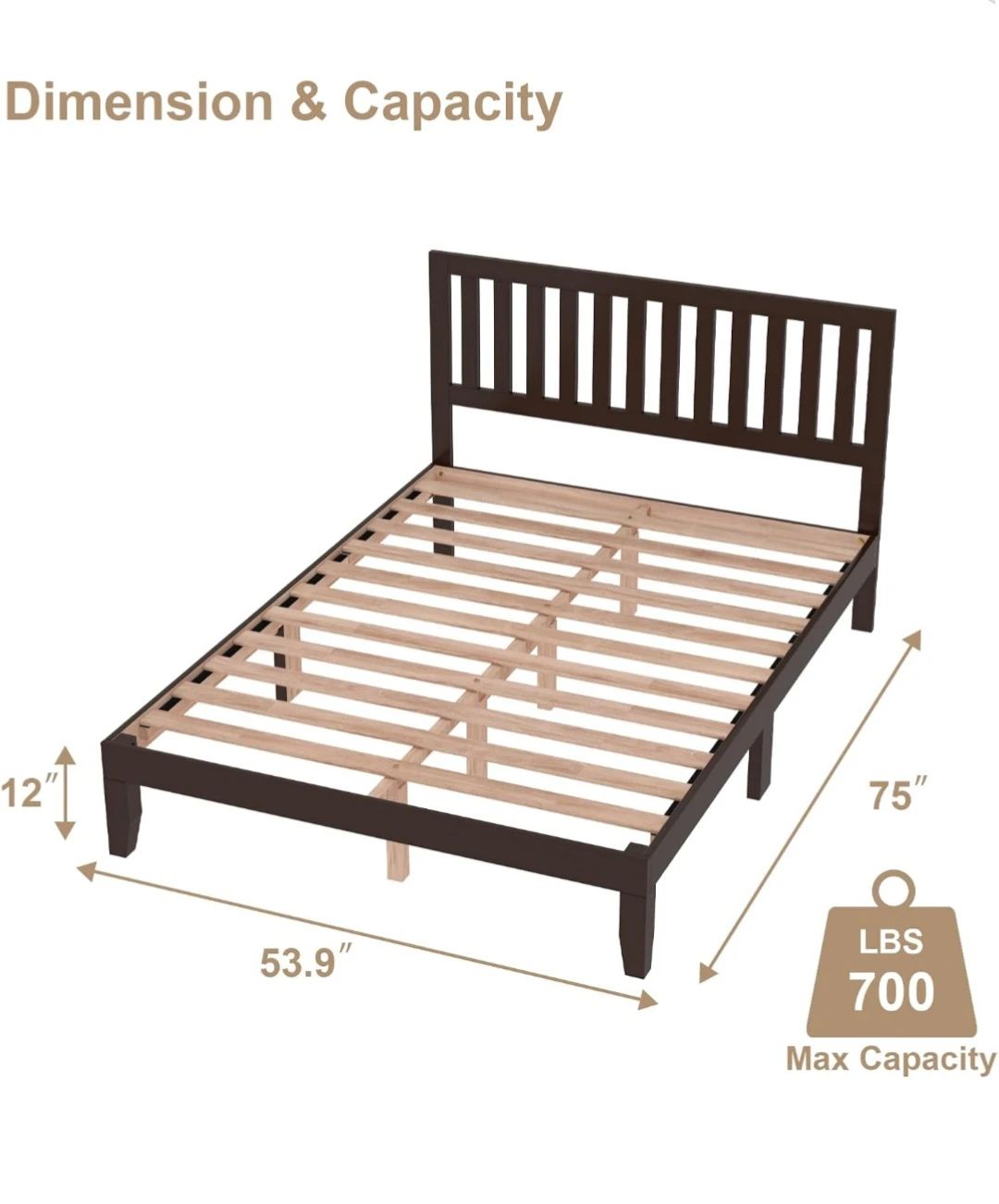 Dark Brown Full Size Wooden Bed Frame with Headboard