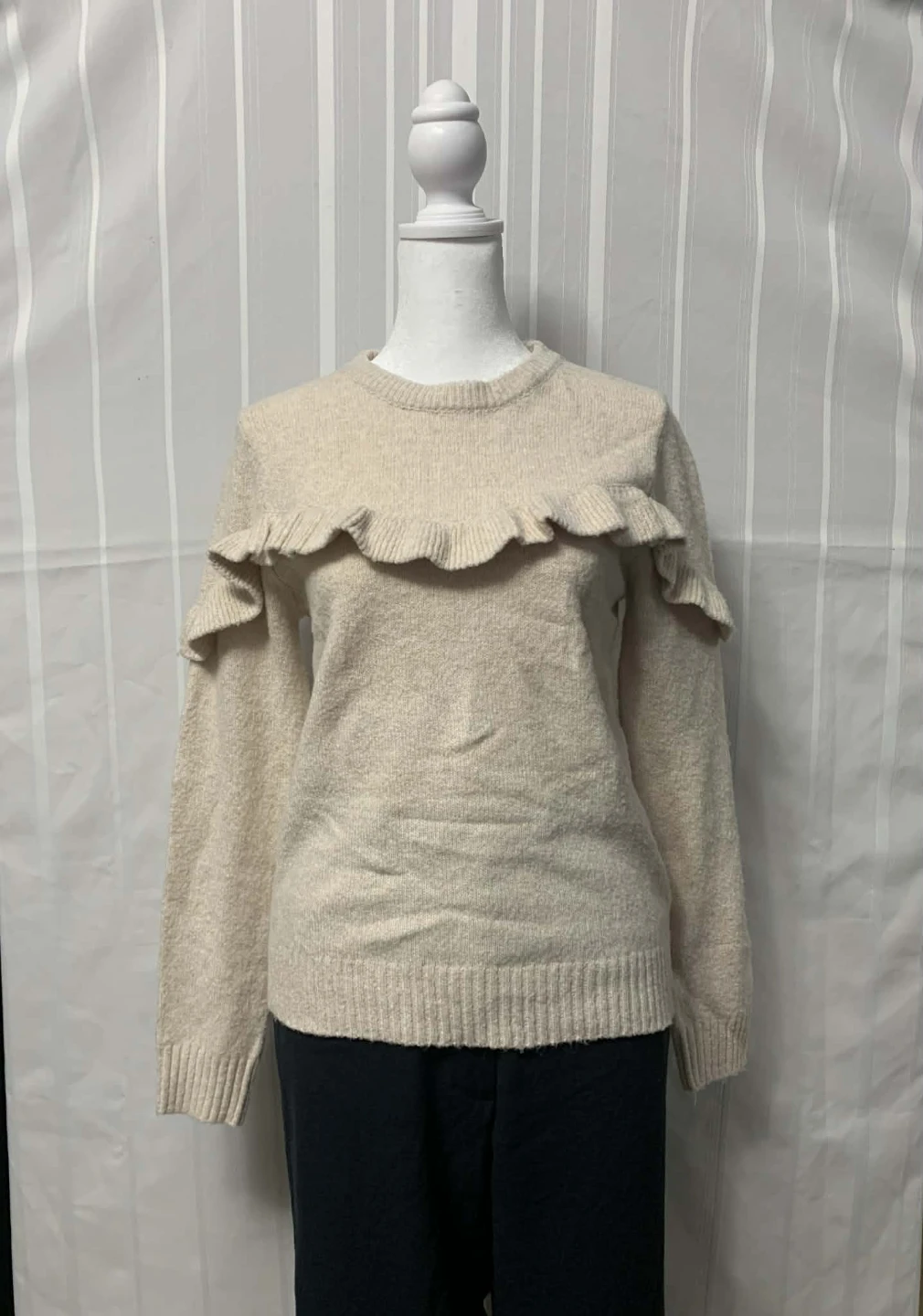 Cream Ruffled Knit Sweater