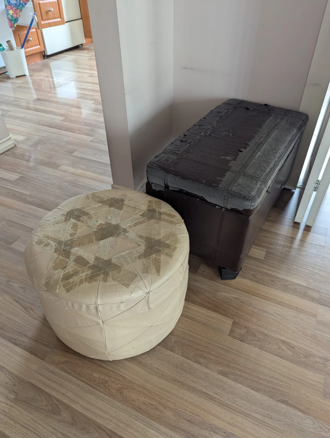 Beige Round Tufted Ottoman and Brown Storage Bench