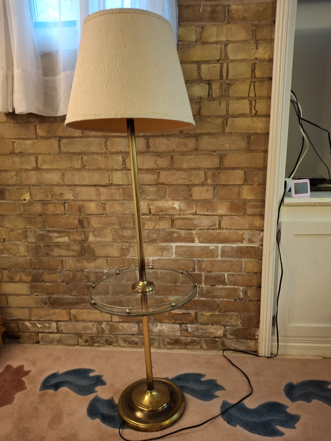 Vintage Brass Floor Lamp with Glass Shelf