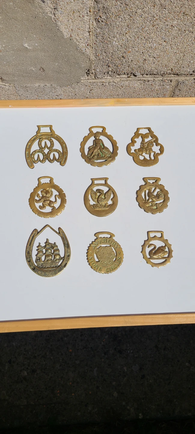 9 Horse Brasses - Vintage / Antique Brass Horse Decorations
