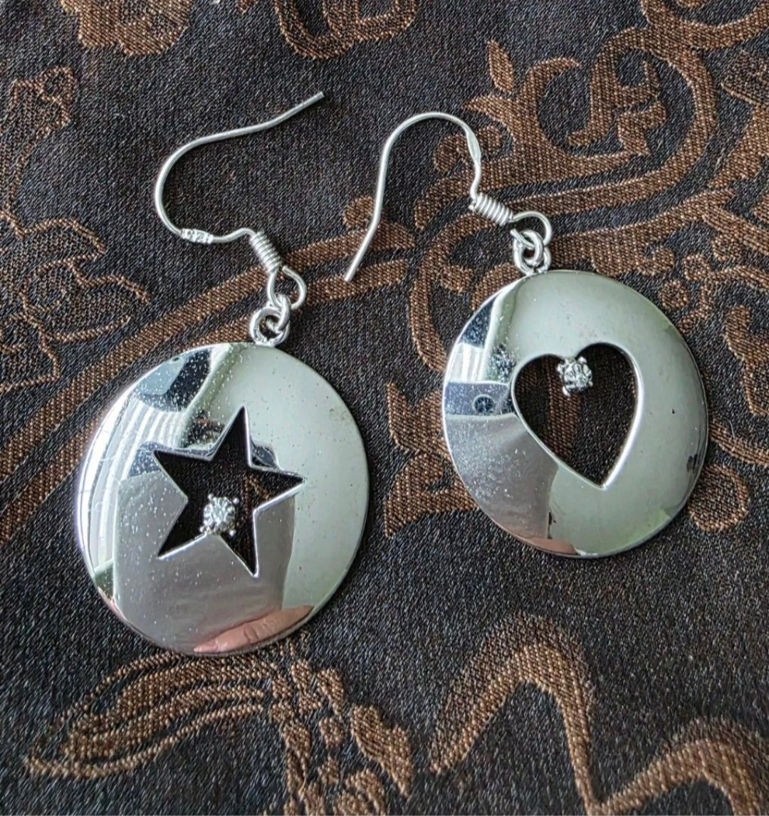 Sterling Silver Star and Heart Earrings with Rhinestones