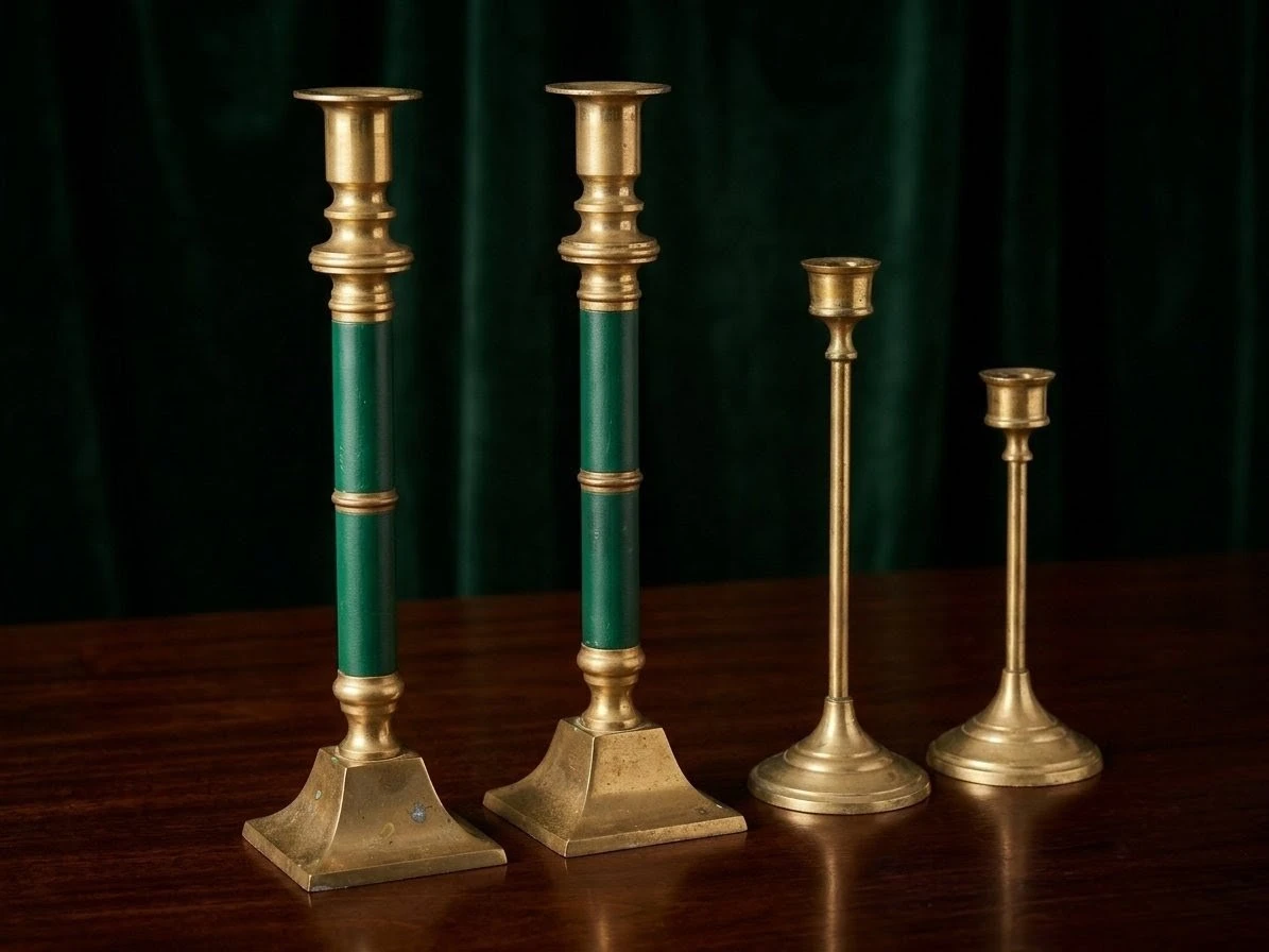 Vintage Brass Candlestick Holder Set with Green Accents.