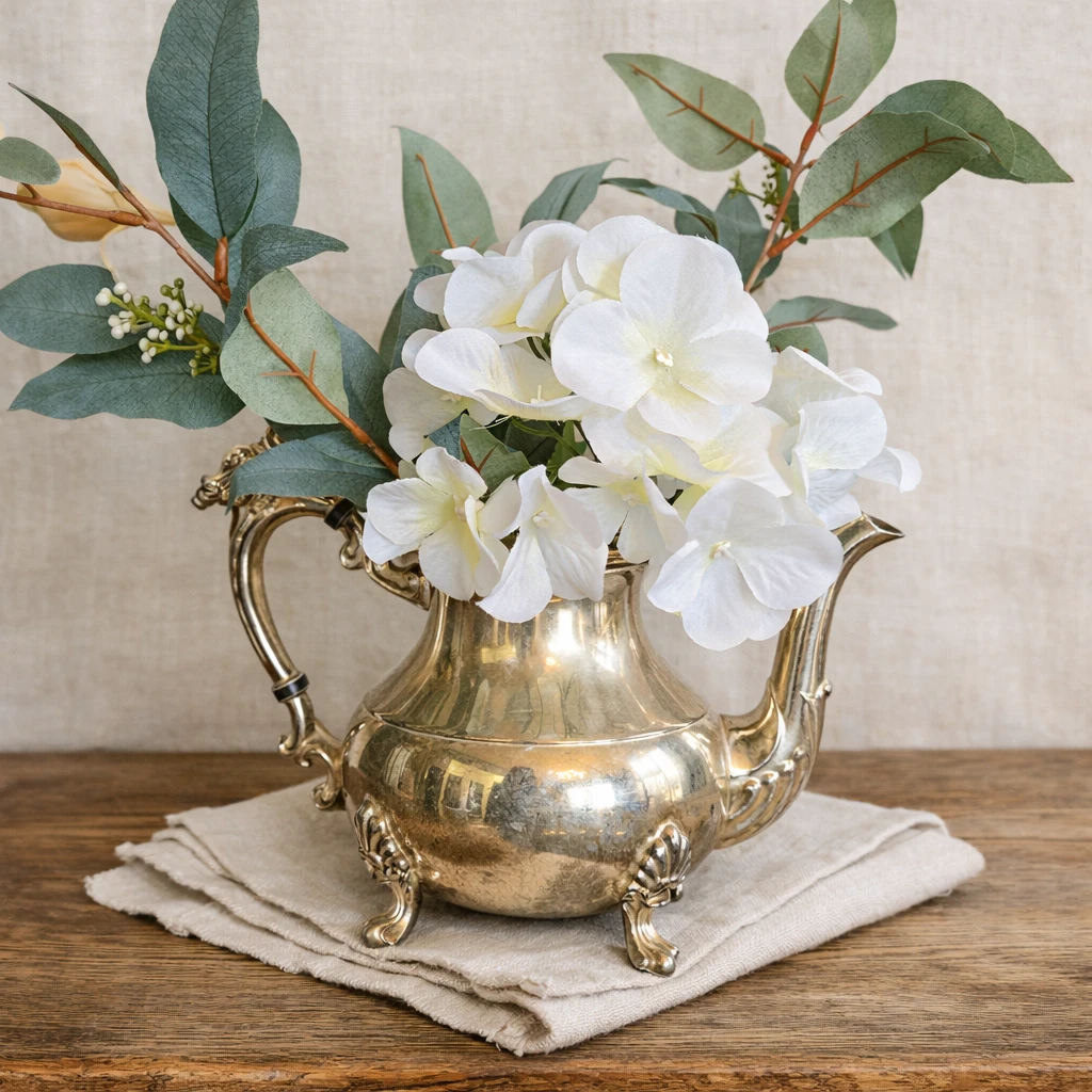 Vintage Silver Teapot with Faux Flowers