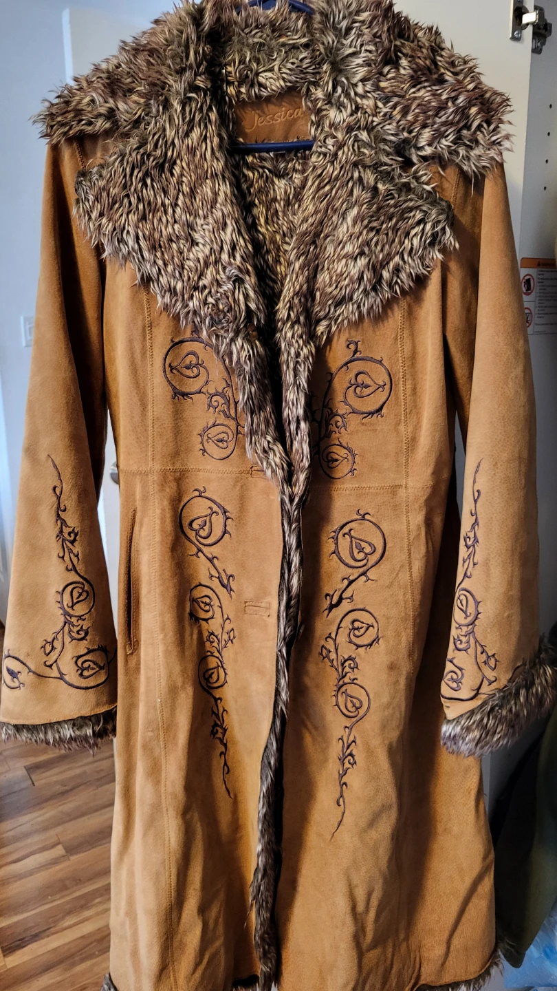 Jessica London Suede Embroidered Faux Fur Trim Coat