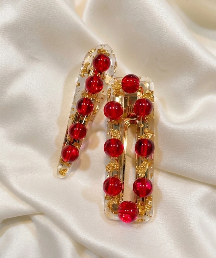 Red/Gold Handmade Resin Hair Clips