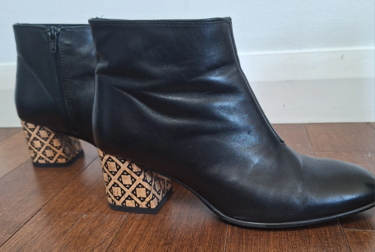 Black Leather Ankle Boots with Patterned Block Heels