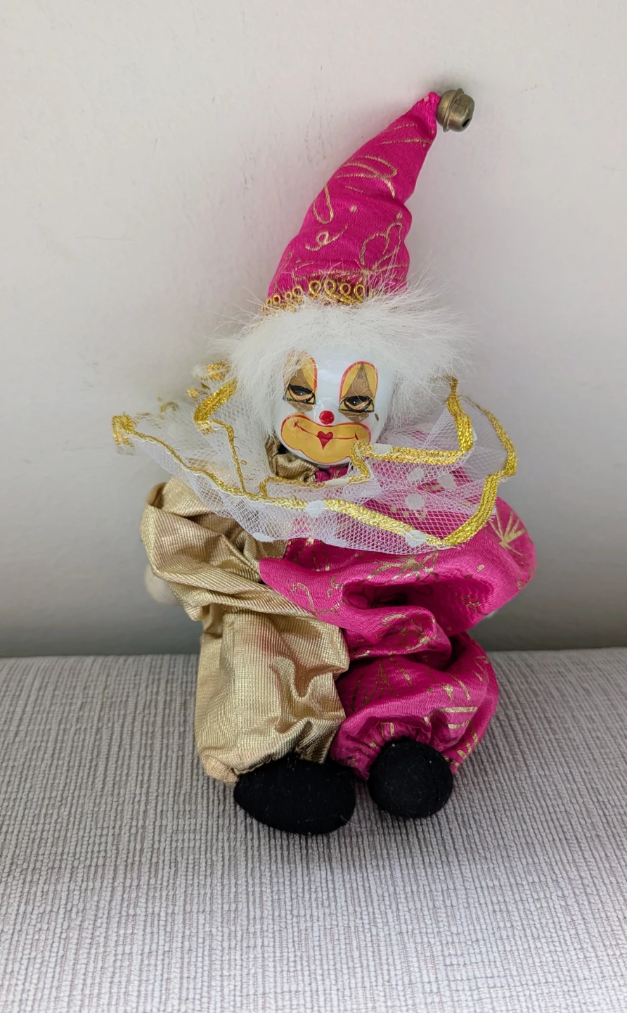 Porcelain Clown Doll with Pink and Gold Outfit