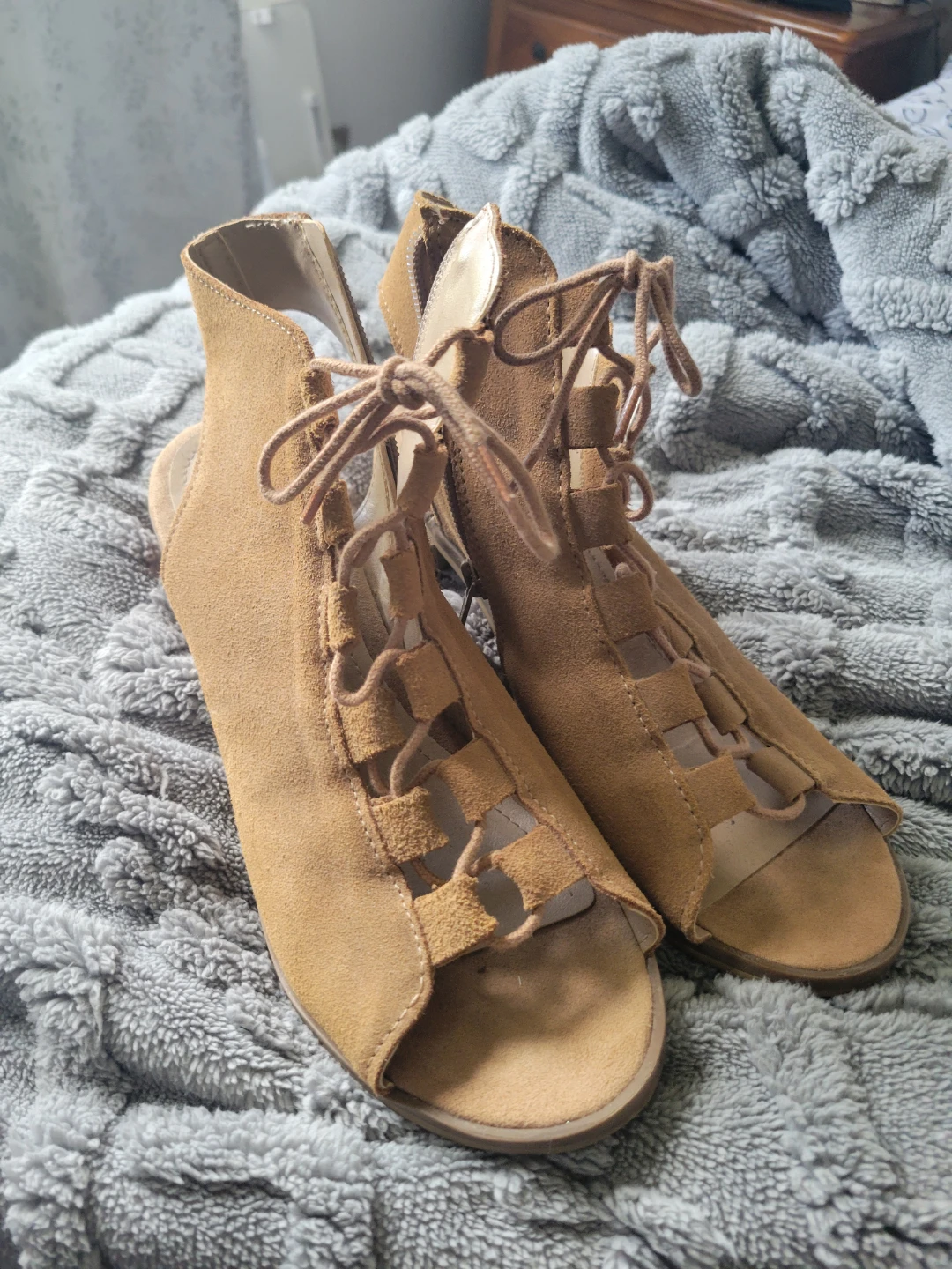 Women's Brown Suede Lace-Up Peep-Toe Heeled Sandals