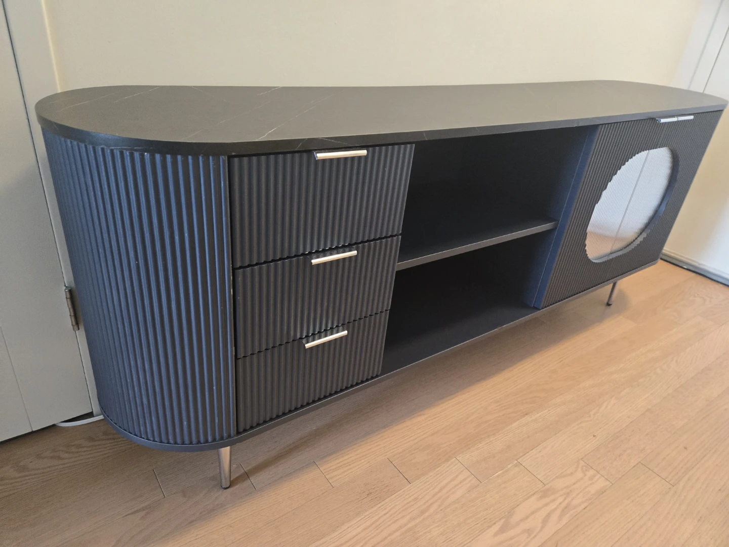 Dark Gray Fluted Media Console with Marble Top