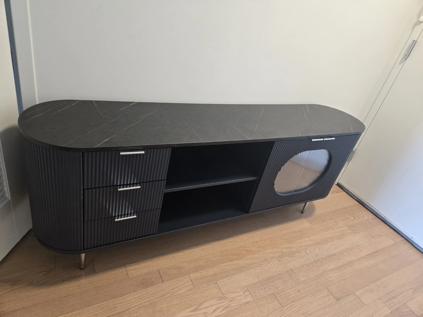 Dark Gray Fluted Media Console with Marble Top - photo 3