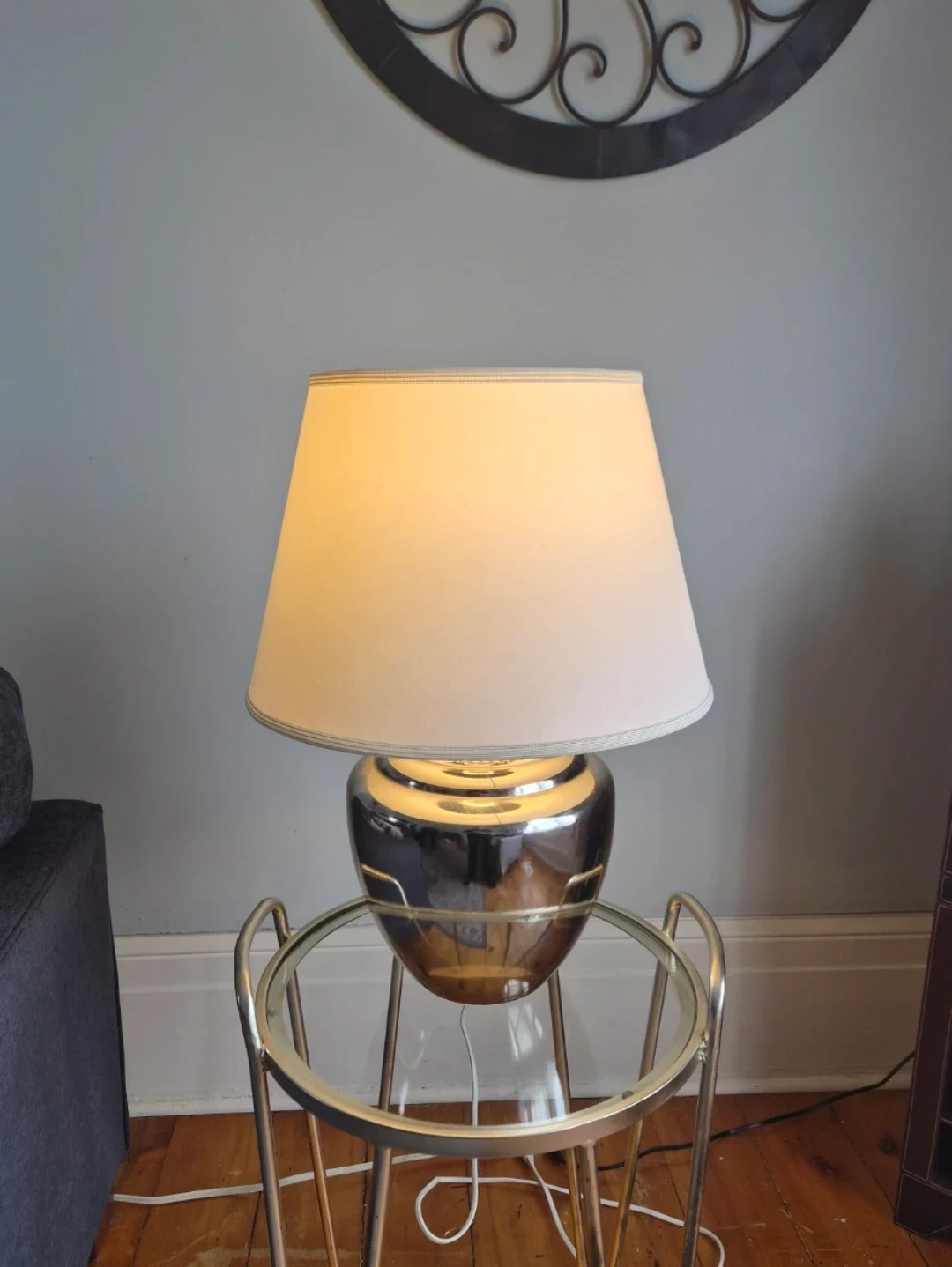 Table Lamp with Silver Base and White Fabric Shade