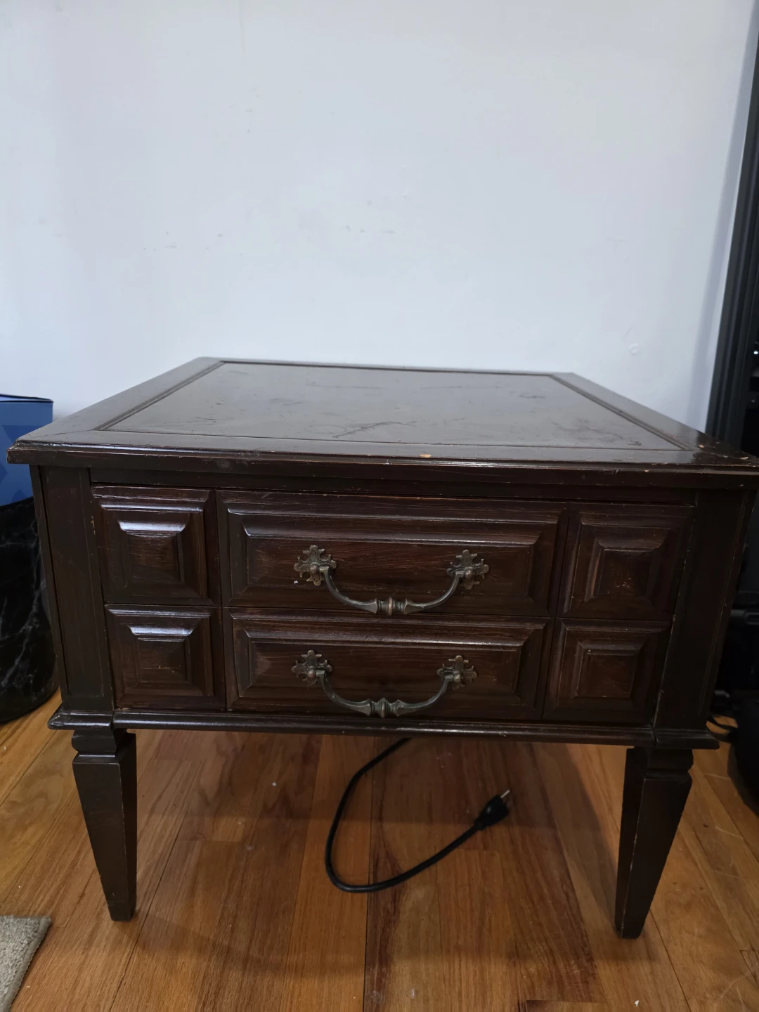 Vintage Dark Wood End Table with Two Drawers - photo 5