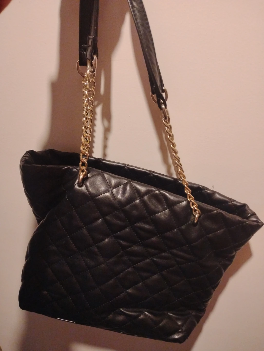 Black Quilted Tote Bag with Gold Chain Straps