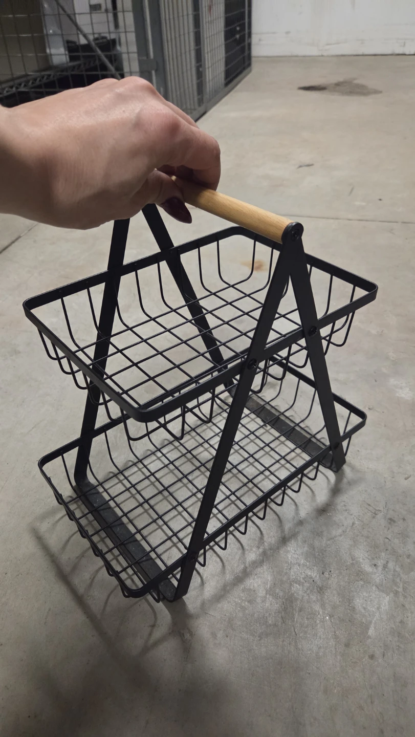2-Tier Metal Wire Basket with Wooden Handle