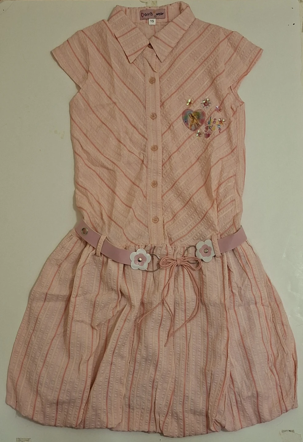 Girls' Wear Pink Striped Dress with Belt - Size 15