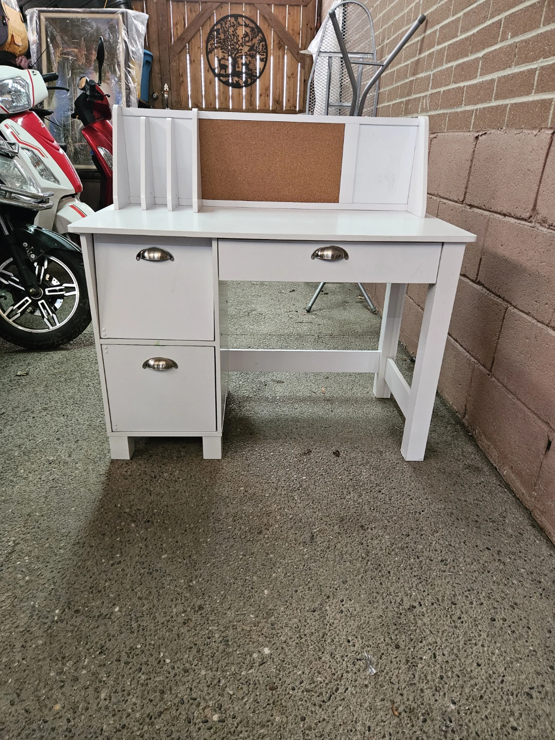 Small White Kids Desk with Cork Board and Storage