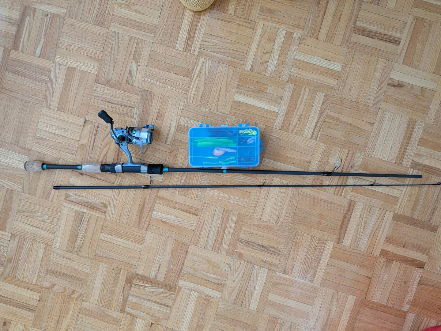 Fishing Rod, Reel, and Tackle Box with Lures
