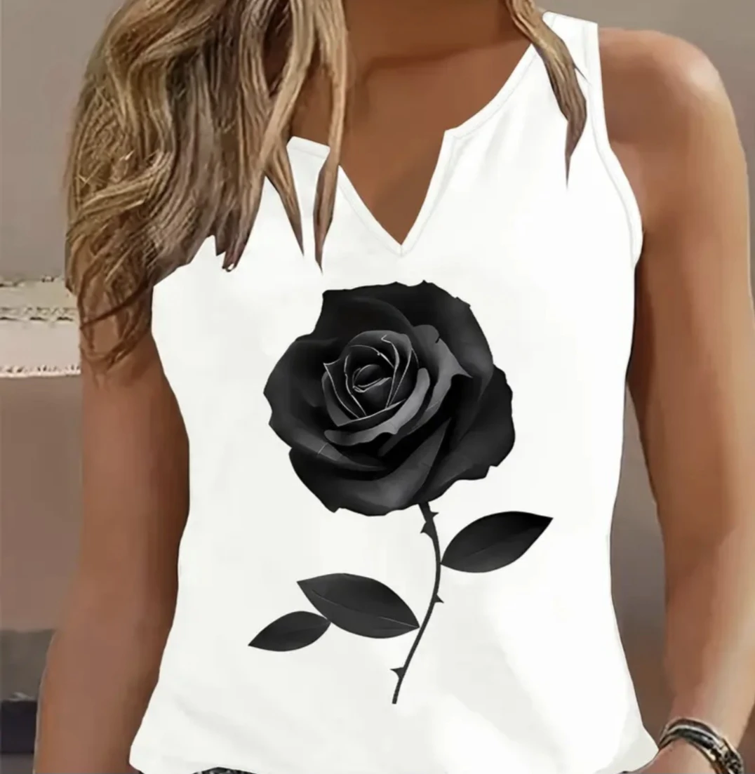 White Sleeveless Top with Black Rose Graphic