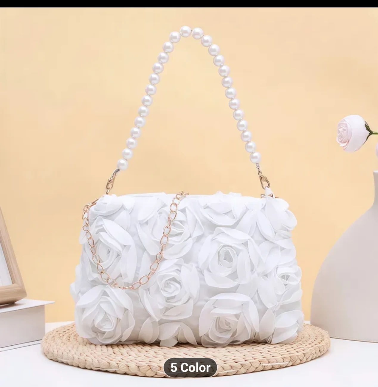 White Floral Clutch with Pearl Strap