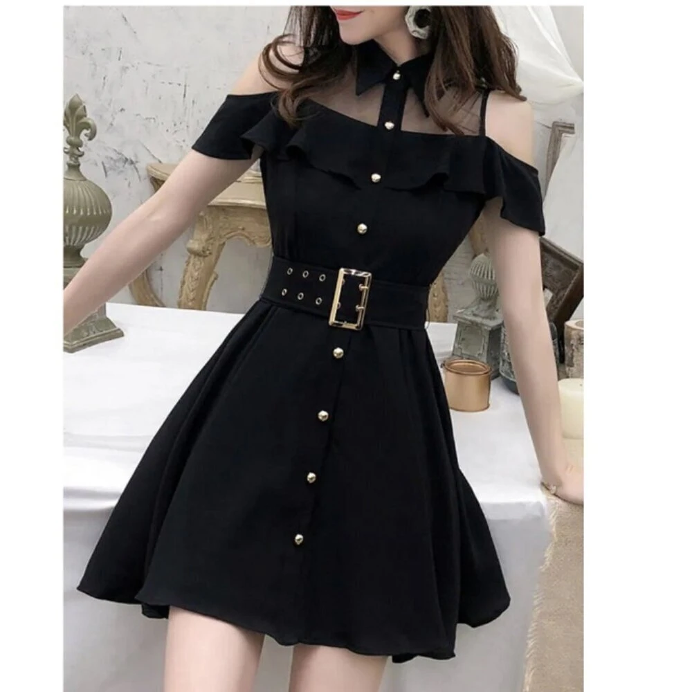Black Cold Shoulder Mesh Collar Dress