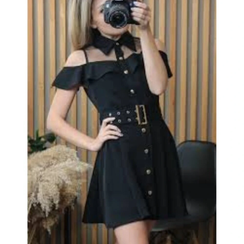 Black Cold Shoulder Mesh Collar Dress - photo 2