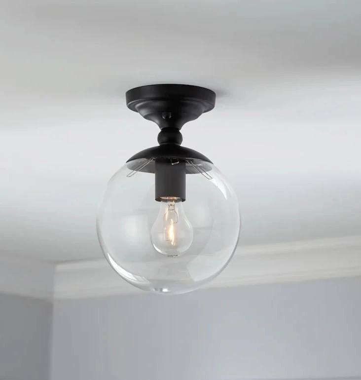 Black Flush Mount Globe Light Fixture with Clear Glass Shade