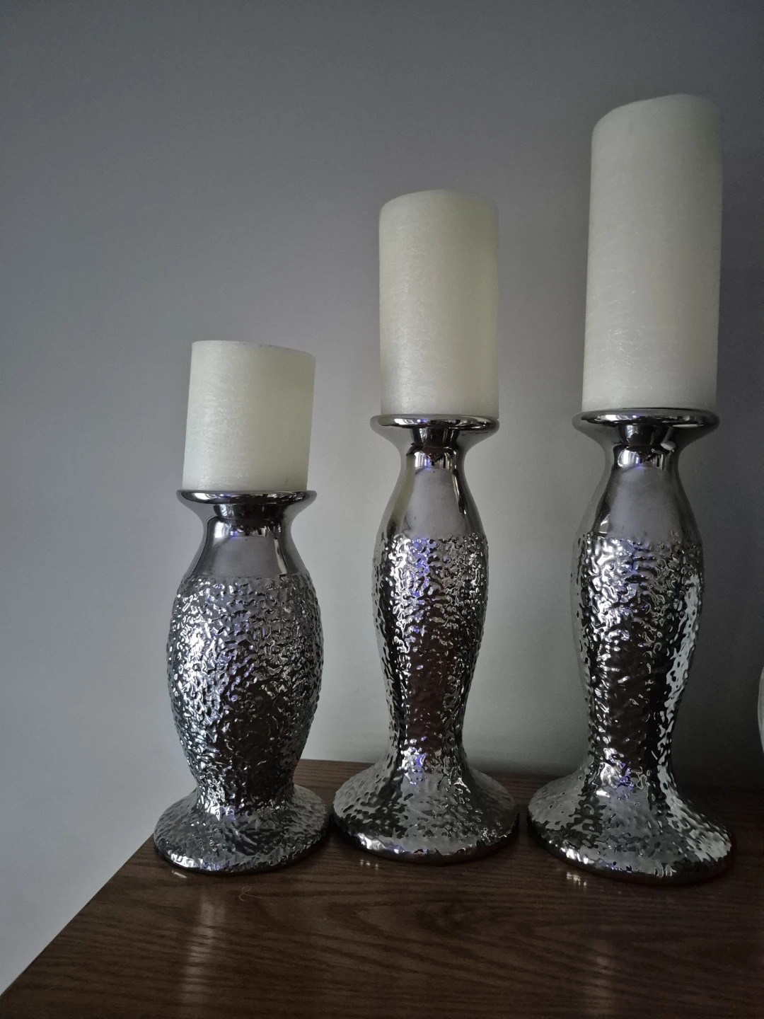 Set of 3 Silver Hammered Finish Candlesticks