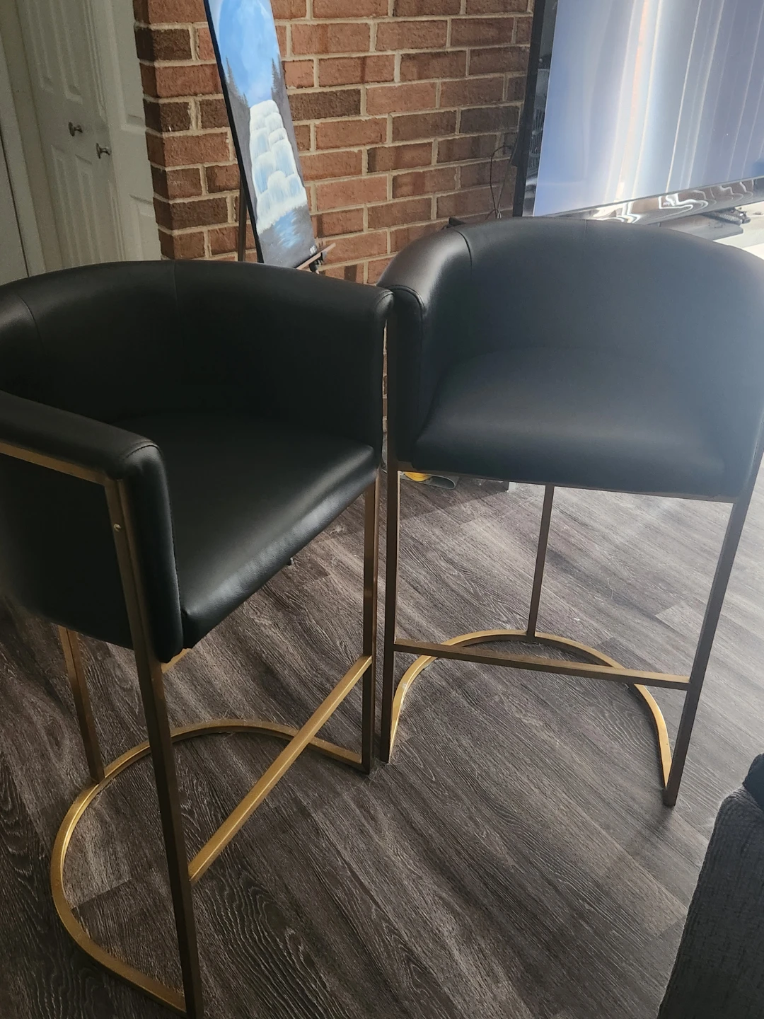 Black Faux Leather Bar Stools with Gold Frame (Set of 2) - photo 3