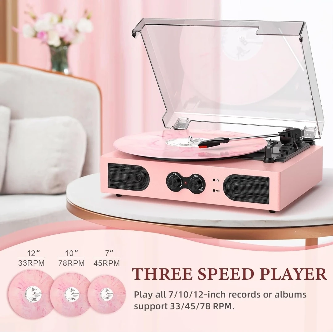 Pink 3-Speed Bluetooth Turntable Record Player,  Speakers - photo 2