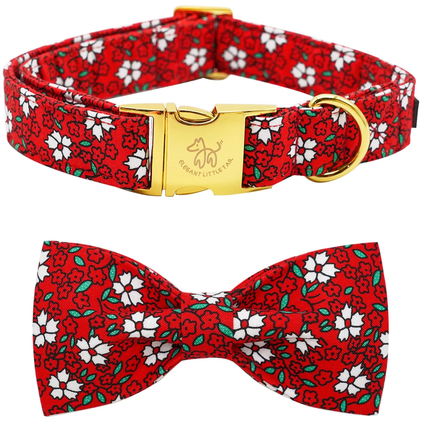 Elegant Little Tail Dog Collar with Bowtie - Red Floral - photo 3