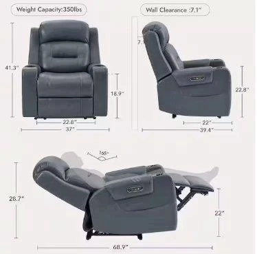 Blue Leather Power Recliner with Cup Holders - photo 3