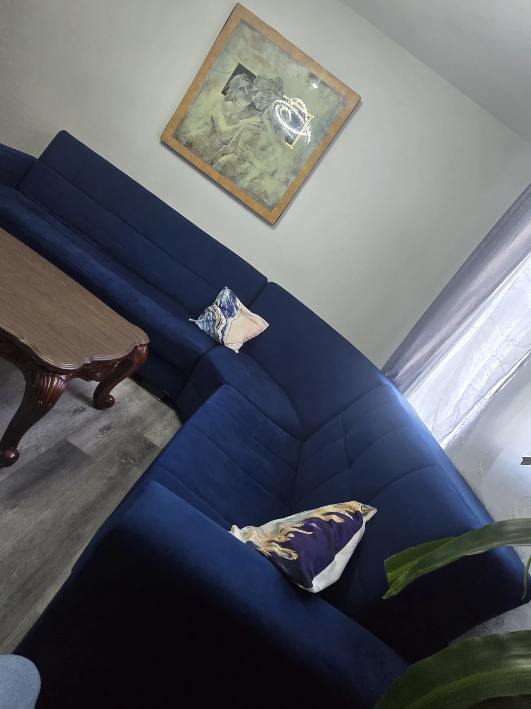 Blue Sectional Sofa with Pillows