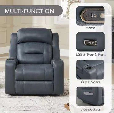 Blue Leather Power Recliner with Cup Holders