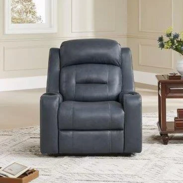 Blue Leather Power Recliner with Cup Holders - photo 4