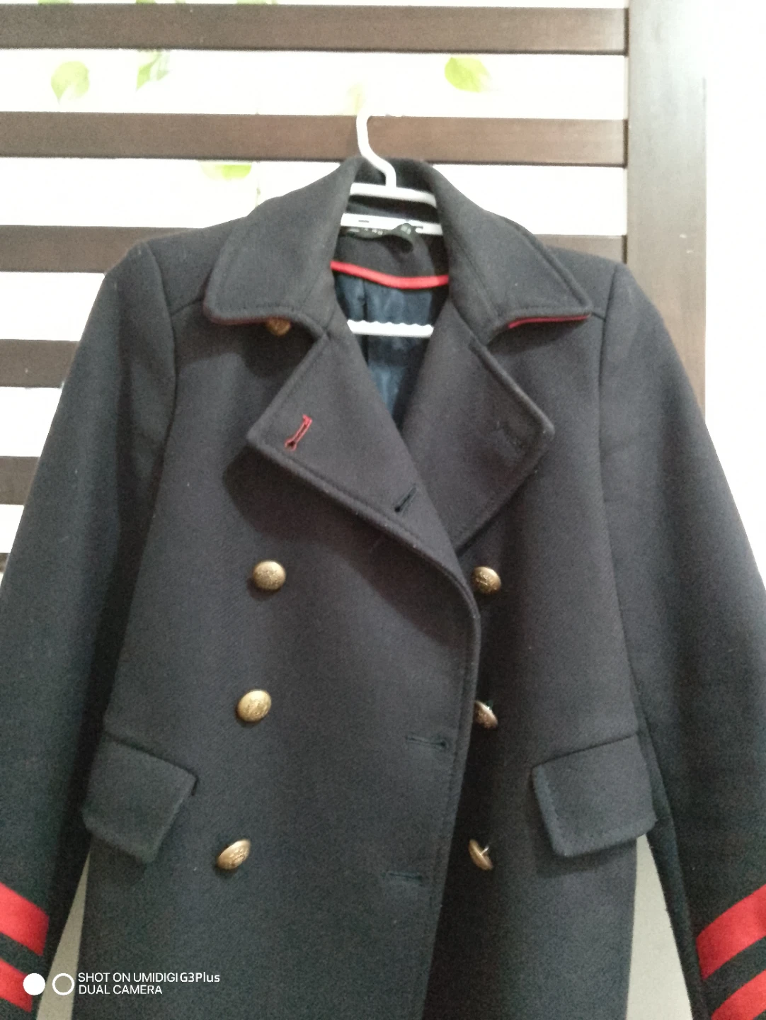 Zara Navy Blue Double-Breasted Coat with Red Stripes