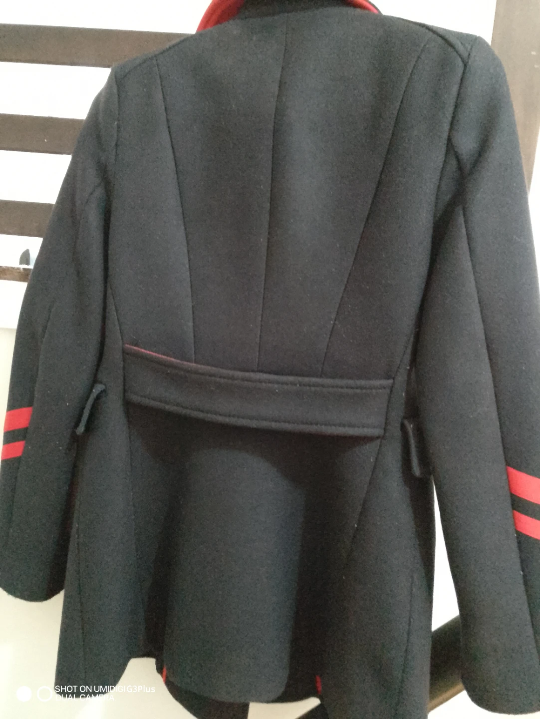 Zara Navy Blue Double-Breasted Coat with Red Stripes - photo 2