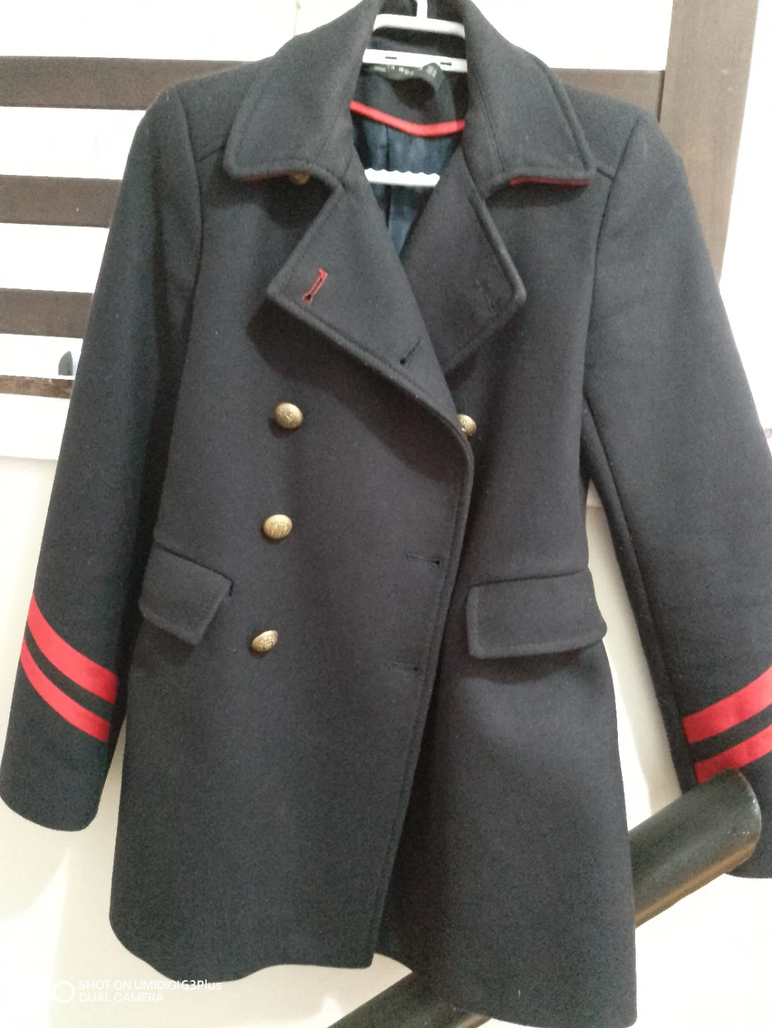 Zara Navy Blue Double-Breasted Coat with Red Stripes - photo 3