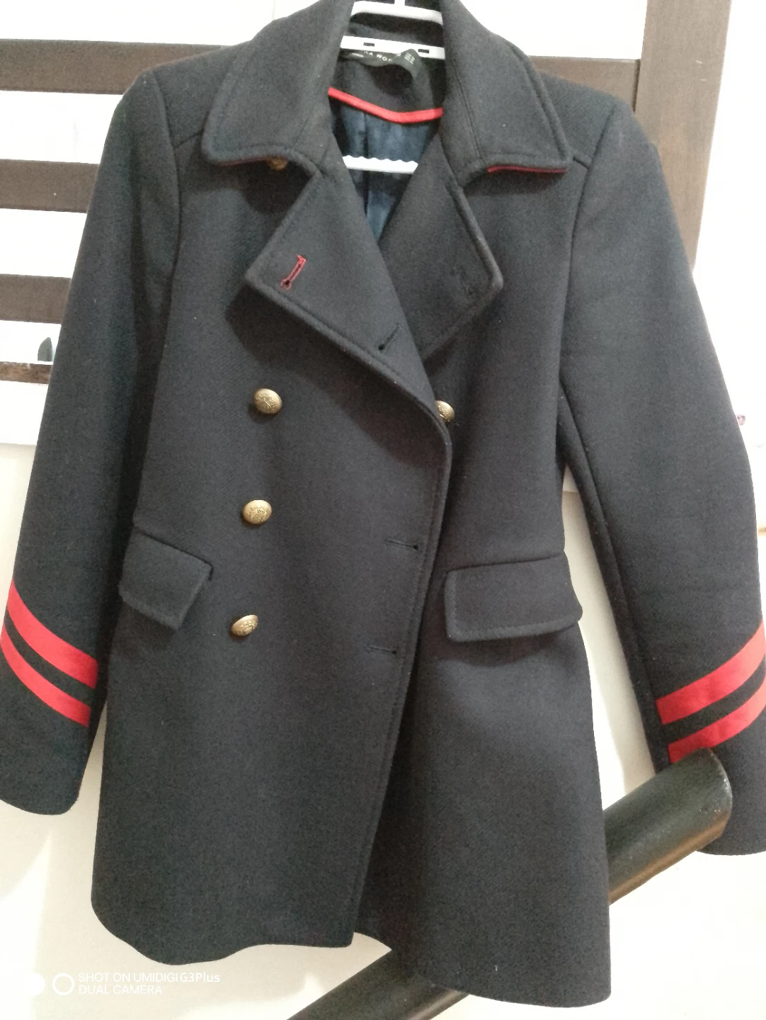 Zara Navy Blue Double-Breasted Coat with Red Stripes - photo 4