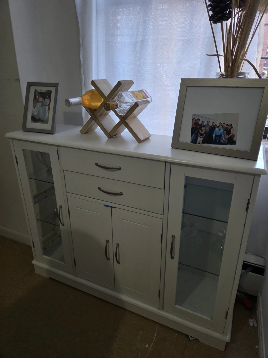 White Buffet Sideboard with Glass Doors and Drawers