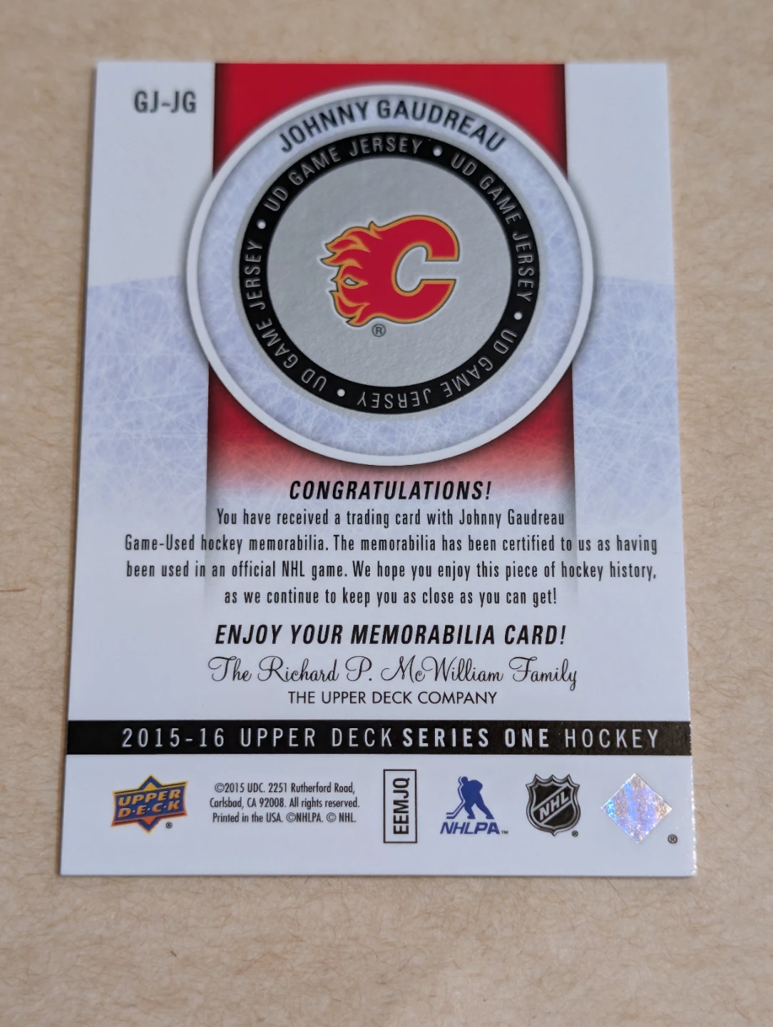 Johnny Gaudreau Game-Used Jersey Hockey Card - photo 2