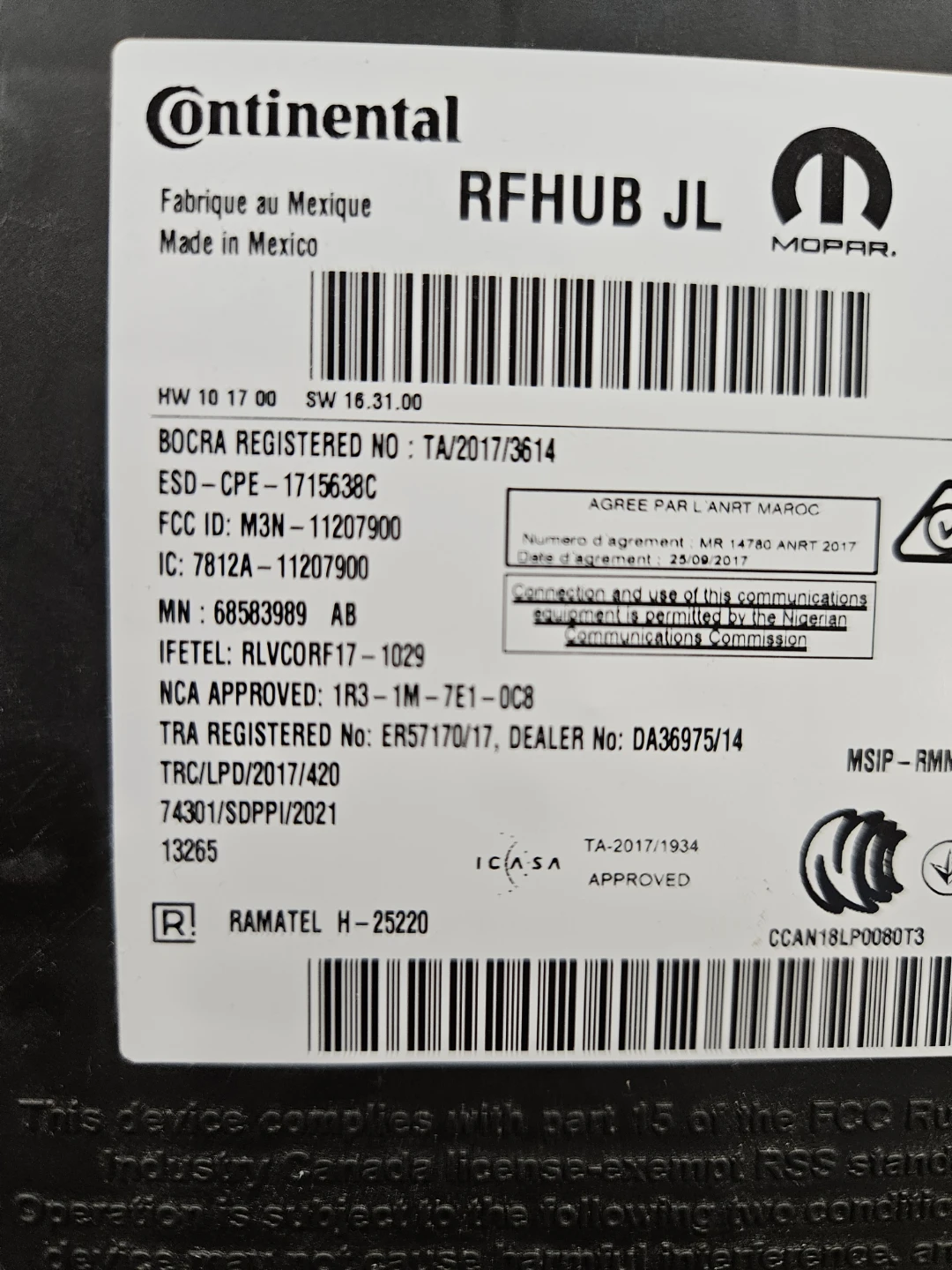 Continental RFHUB JL Mopar Module