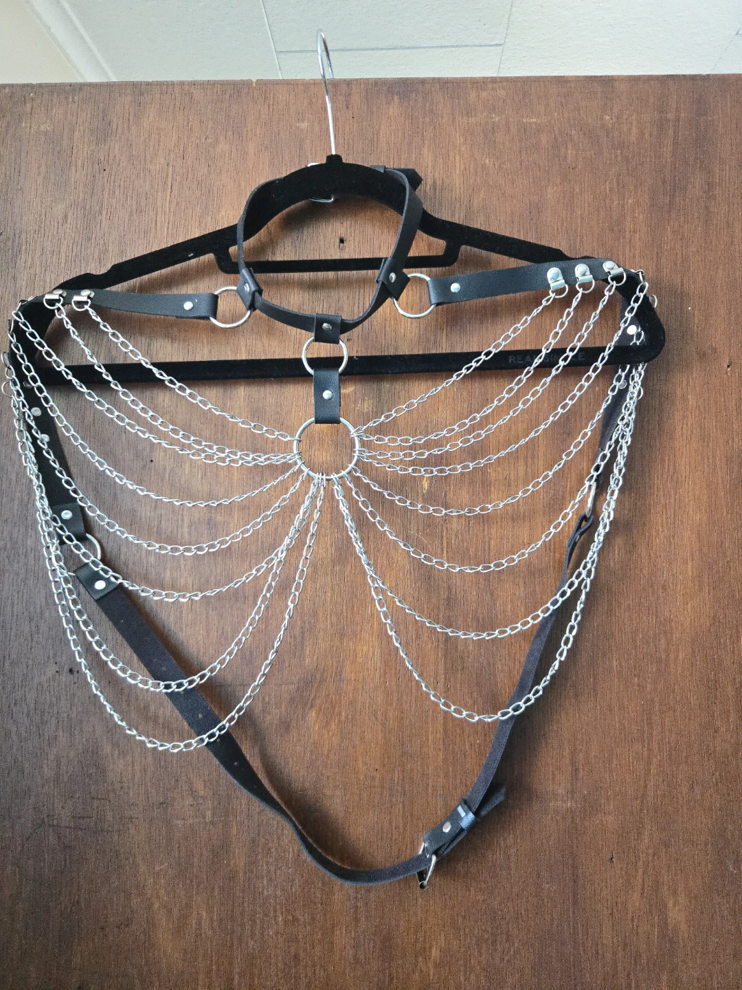 Black Leather Body Harness with Silver Chains